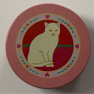 Vintage Round Tin Cat 1987 Current INC. Small 2.35” Pink Red Container Kitty EUC